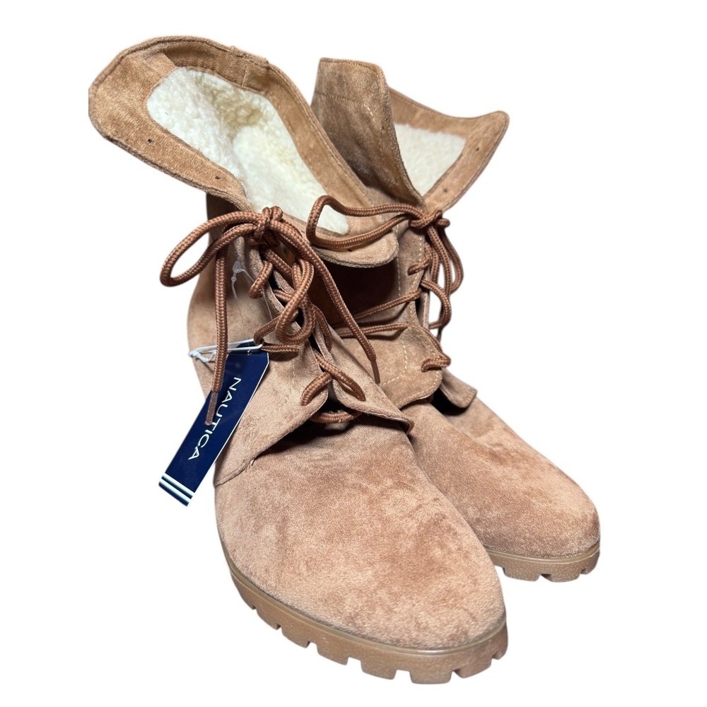 Nautica Womens Wedge Lace Up Boots Faux Suede Faux Fur Tan Size 10 NWT